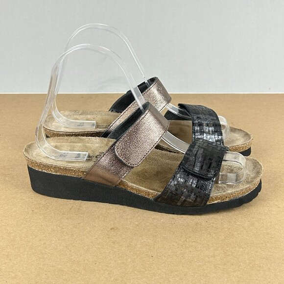 Naot Althea Leather Two Strap Sandals Womens 7 Black Rose Gold Slip On - Picture 3 of 9